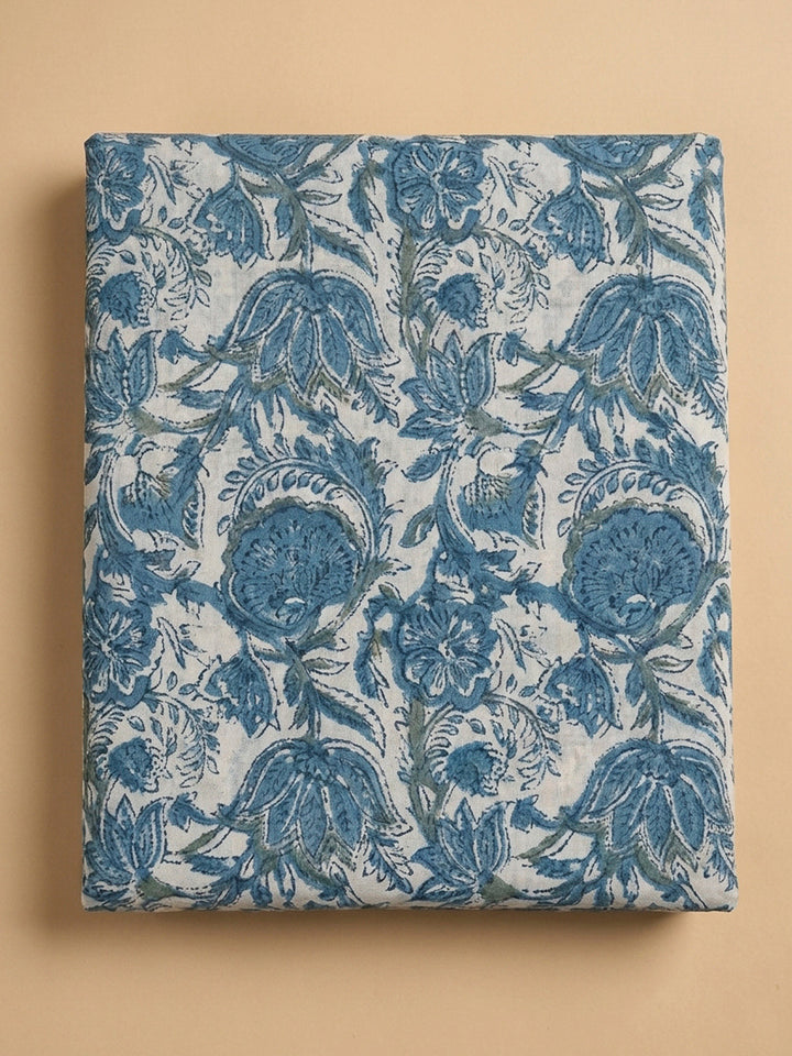 Blue Printed Cotton Blend Unstitched Dress Material