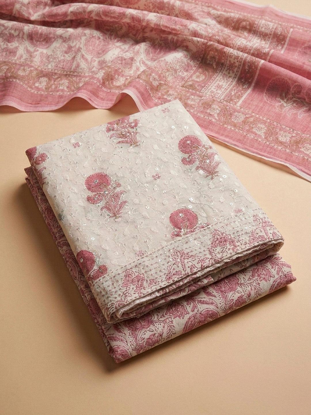 Pink Printed Cotton Blend Unstitched Dress Material