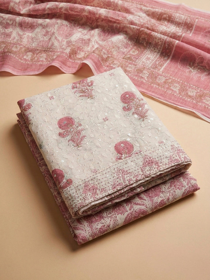 Pink Printed Cotton Blend Unstitched Dress Material