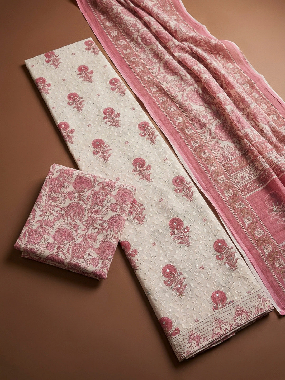 Pink Printed Cotton Blend Unstitched Dress Material