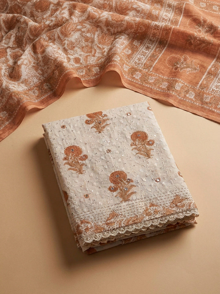 Rust Printed Cotton Blend Unstitched Dress Material