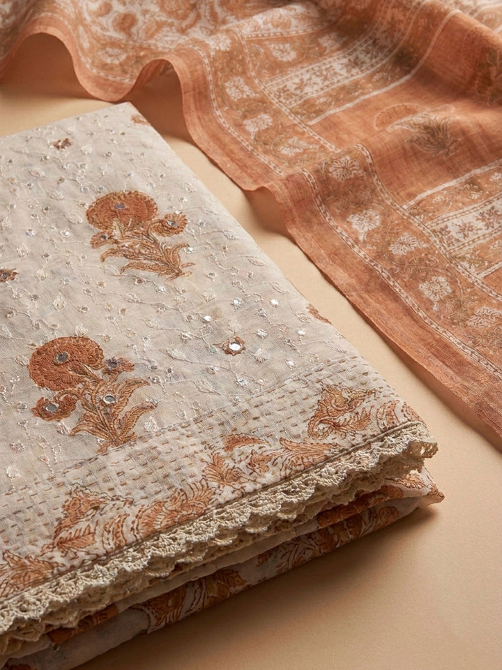 Rust Printed Cotton Blend Unstitched Dress Material