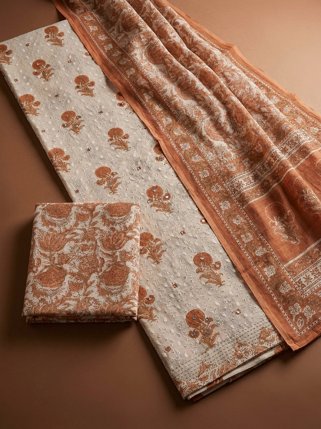 Rust Printed Cotton Blend Unstitched Dress Material
