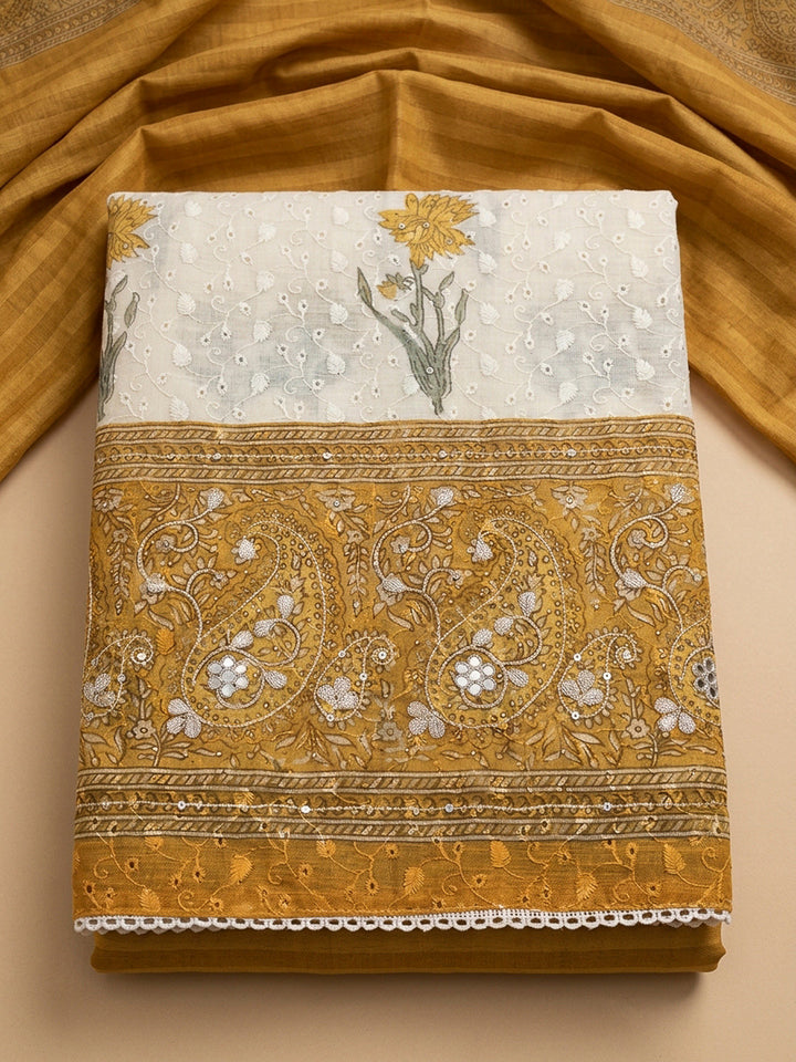 Mustard Printed Cotton Blend Unstitched Dress Material