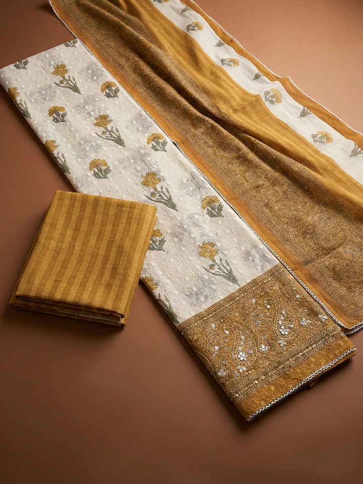 Mustard Printed Cotton Blend Unstitched Dress Material