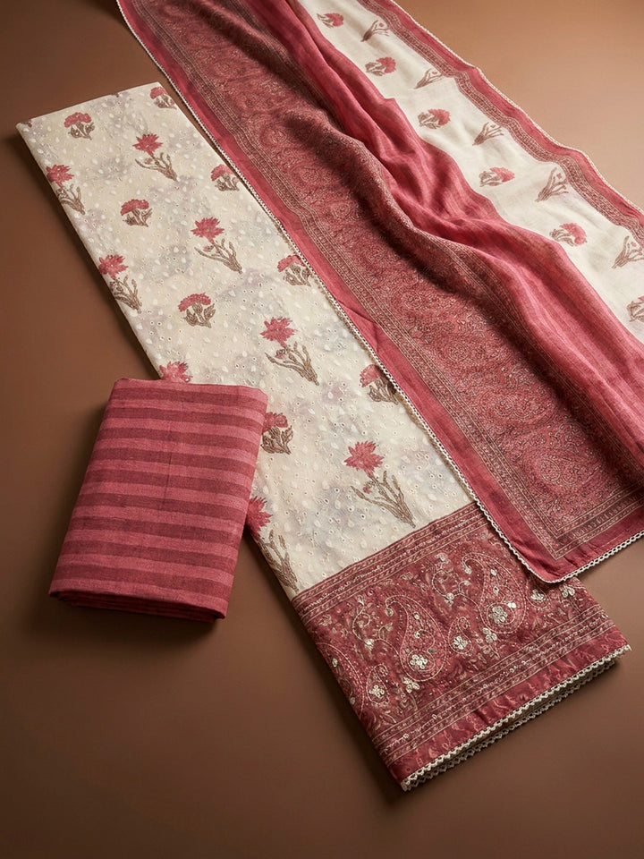 Onion Pink Printed Cotton Blend Unstitched Dress Material