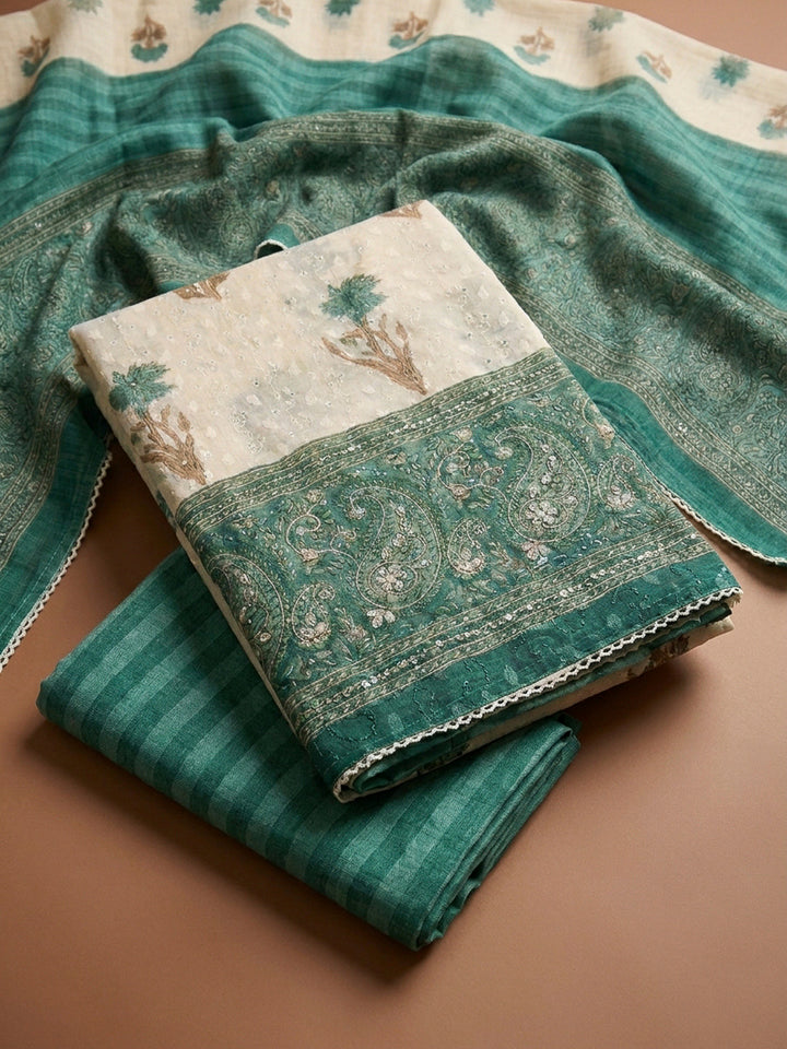 Rama Green Printed Cotton Blend Unstitched Dress Material