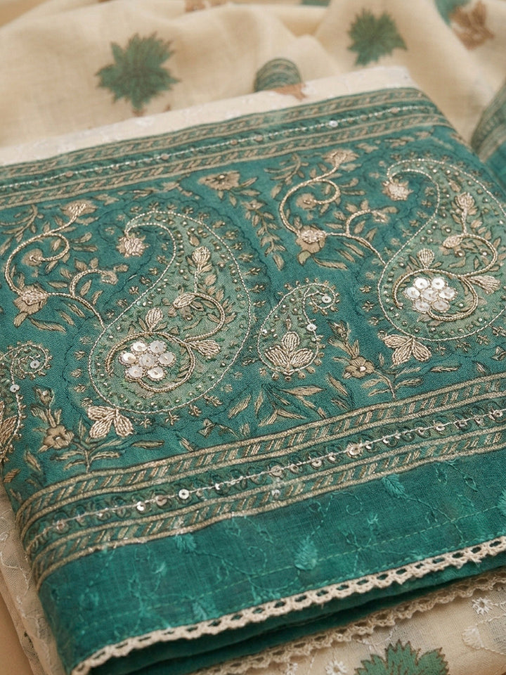 Rama Green Printed Cotton Blend Unstitched Dress Material