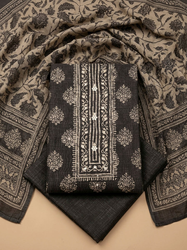 Grey Chanderi Embroidered Unstitched Dress Material