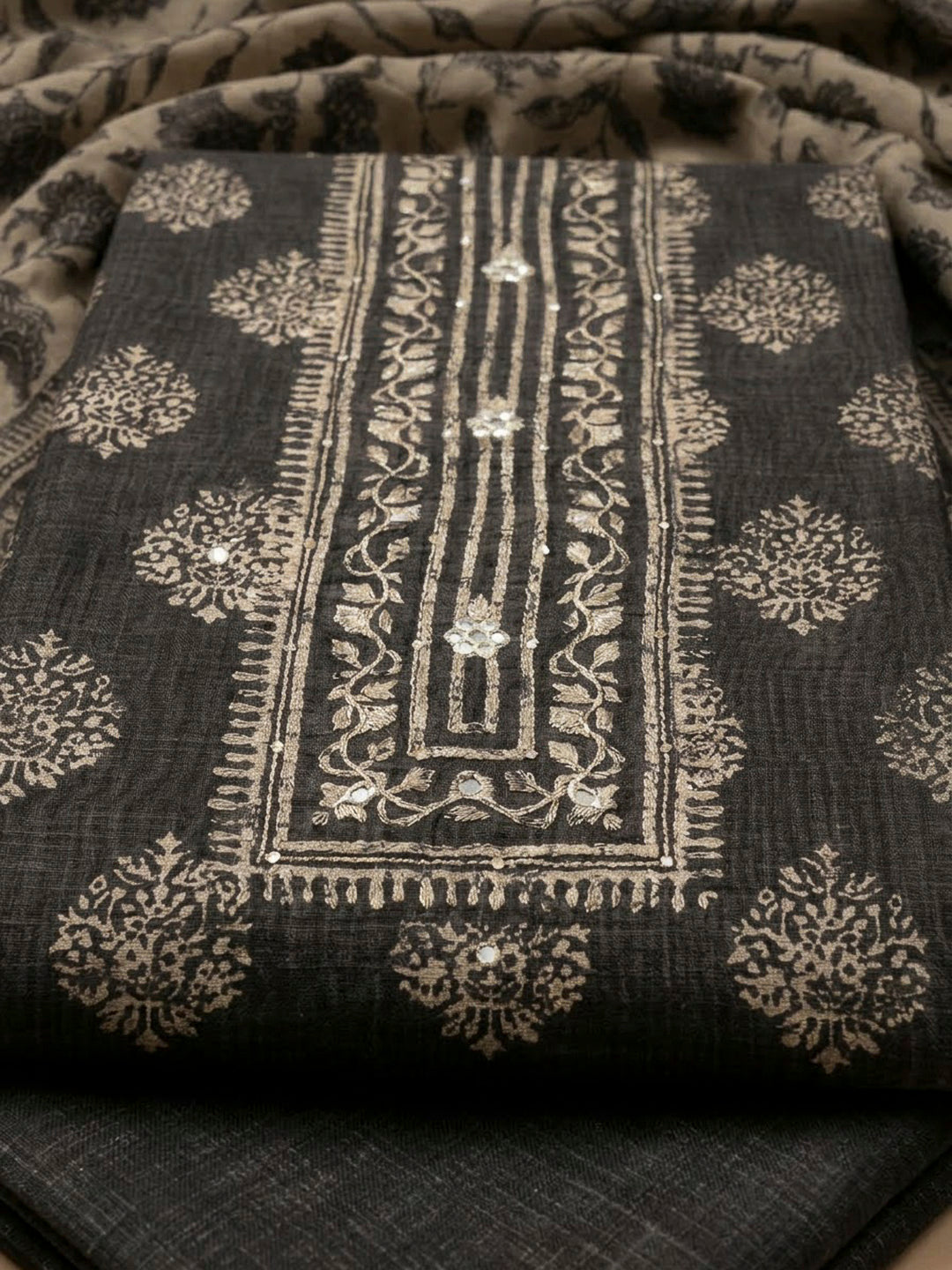 Grey Chanderi Embroidered Unstitched Dress Material
