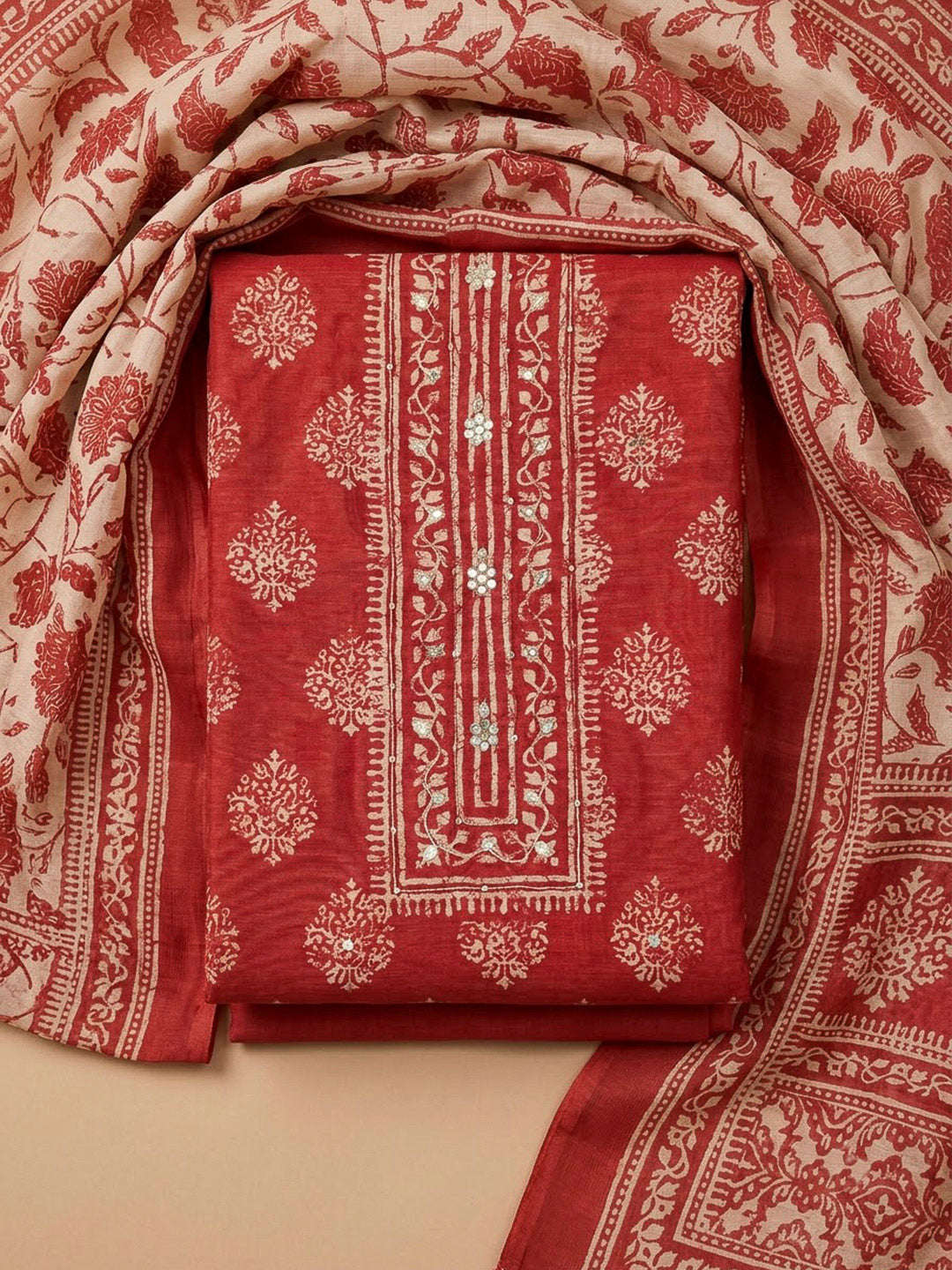 Hot Pink Chanderi Embroidered Unstitched Dress Material