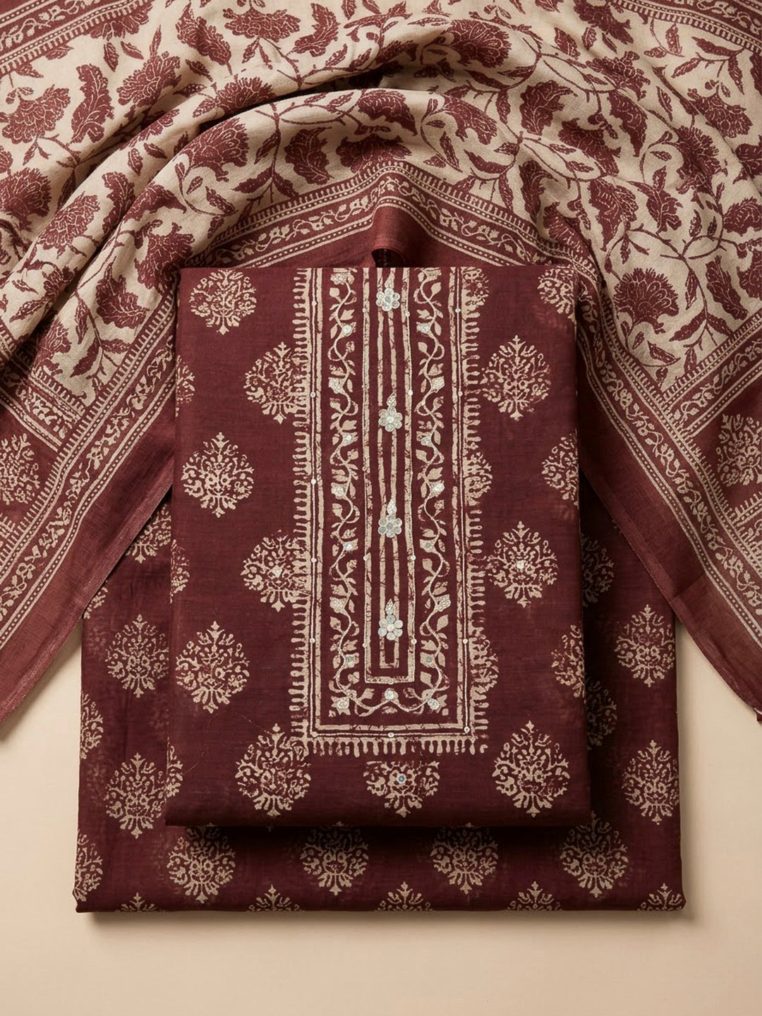 Maroon Chanderi Embroidered Unstitched Dress Material