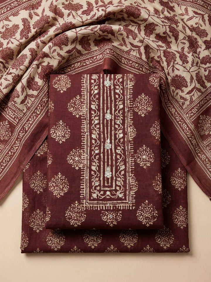 Maroon Chanderi Embroidered Unstitched Dress Material