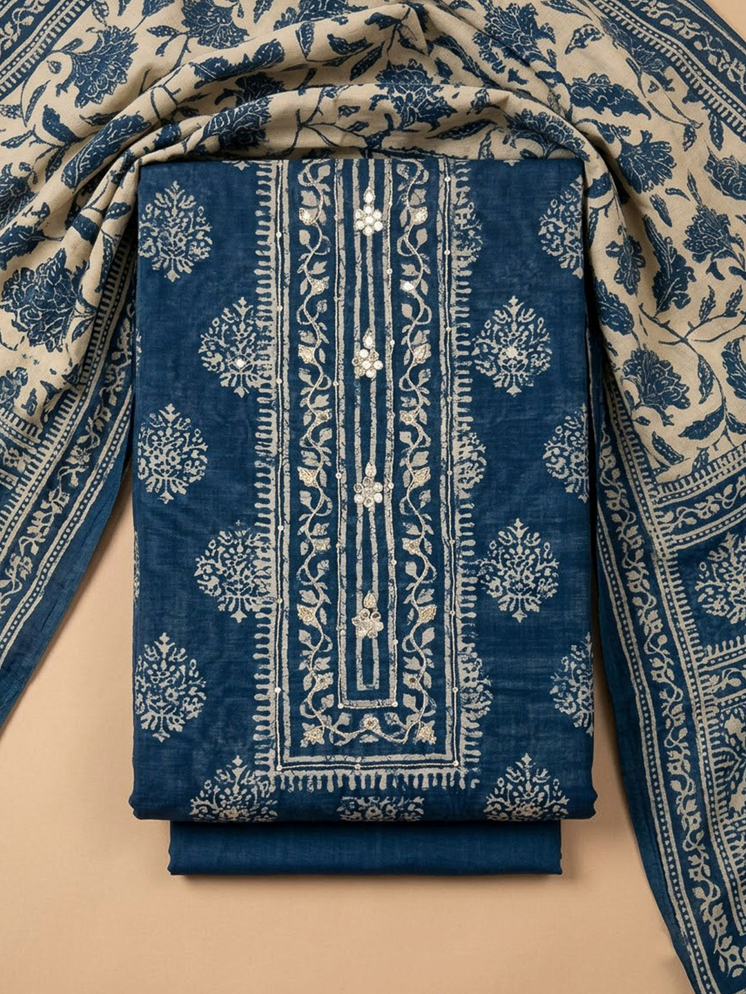 Navy Blue Chanderi Embroidered Unstitched Dress Material