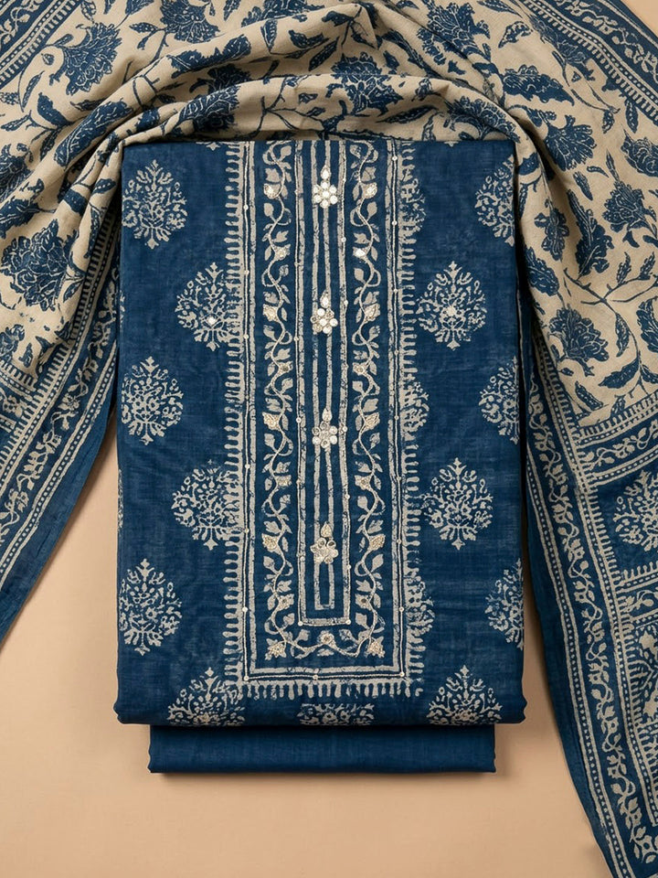 Navy Blue Chanderi Embroidered Unstitched Dress Material