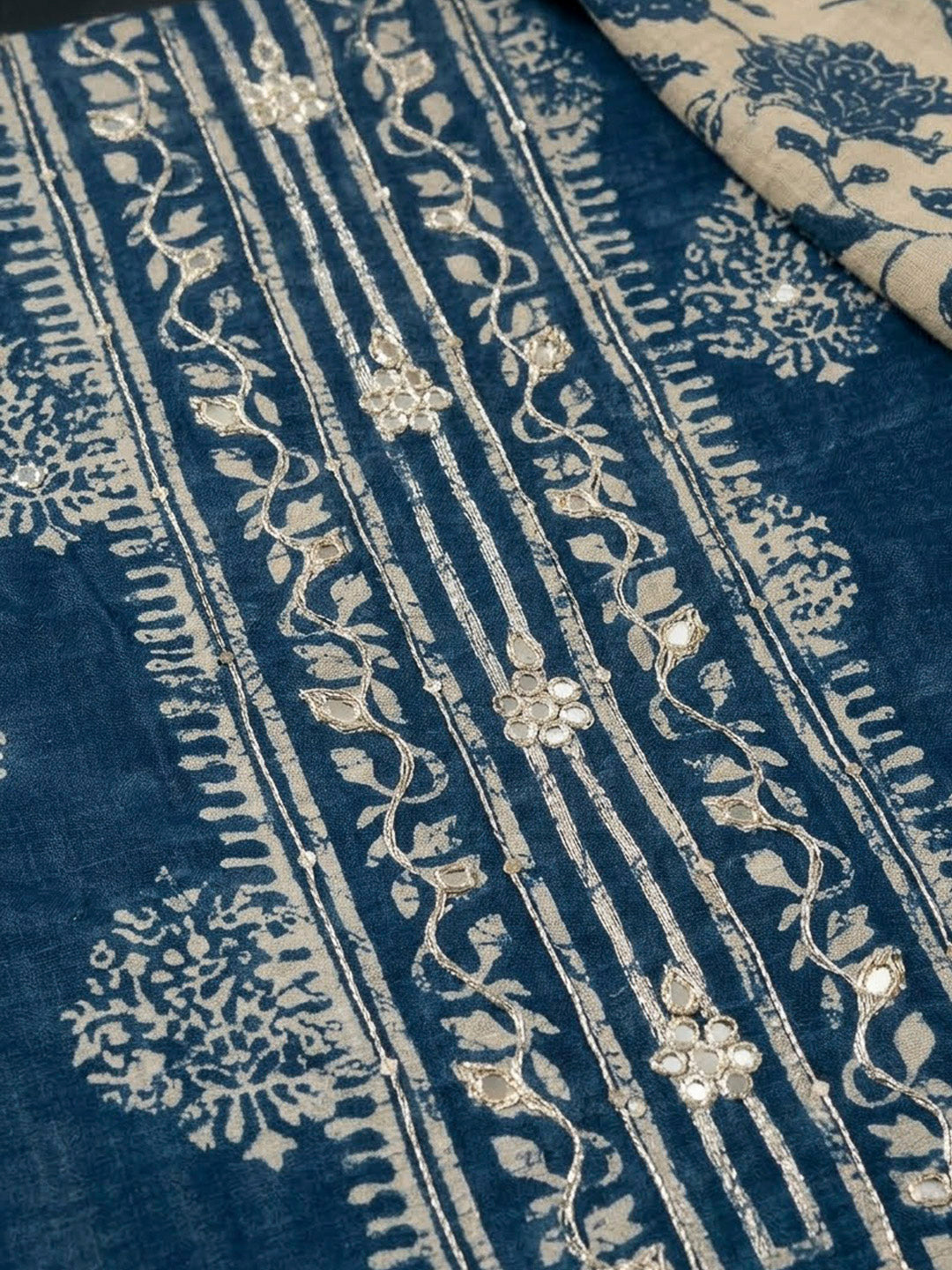 Navy Blue Chanderi Embroidered Unstitched Dress Material