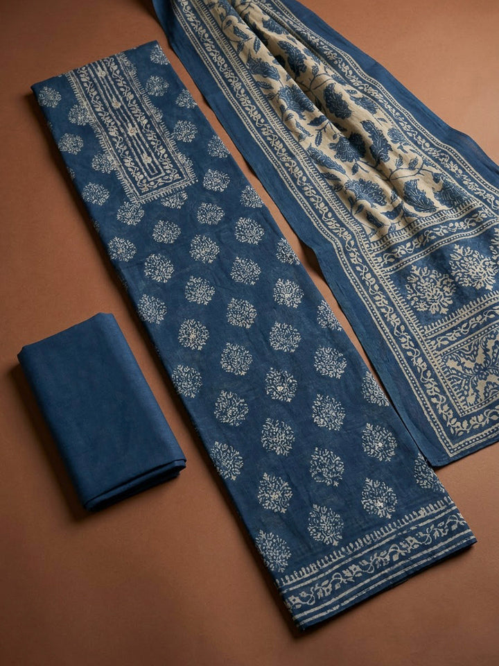 Navy Blue Chanderi Embroidered Unstitched Dress Material