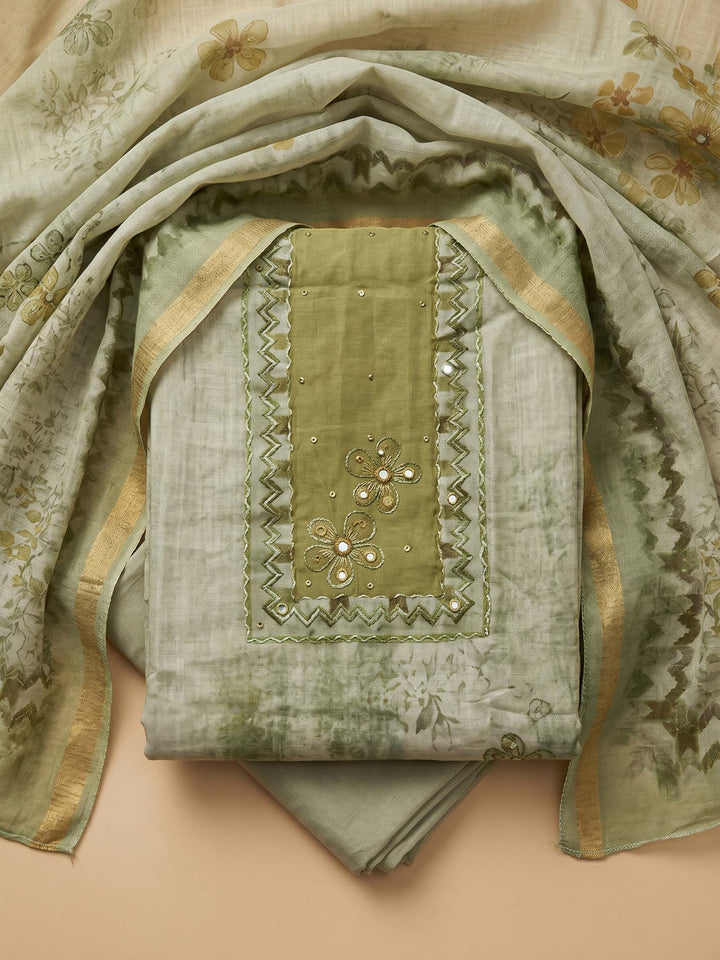Mehndi Embroidered Tissue Unstitched Suit &amp; Pant With Cotton Dupatta