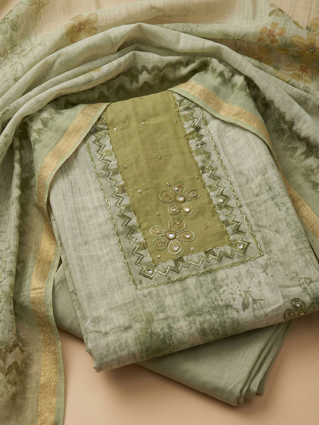 Mehndi Embroidered Tissue Unstitched Suit &amp; Pant With Cotton Dupatta