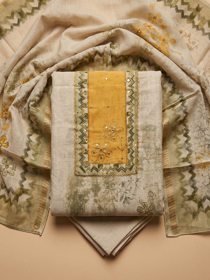 Mustard Embroidered Tissue Unstitched Suit &amp; Pant With Cotton Dupatta