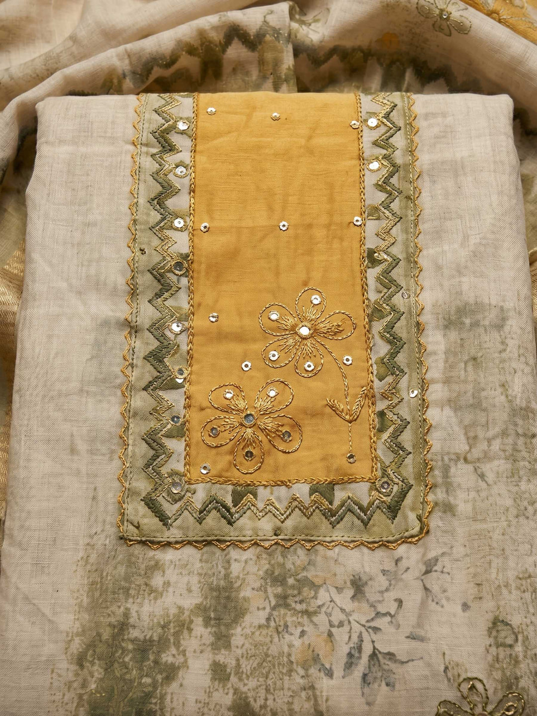 Mustard Embroidered Tissue Unstitched Suit &amp; Pant With Cotton Dupatta