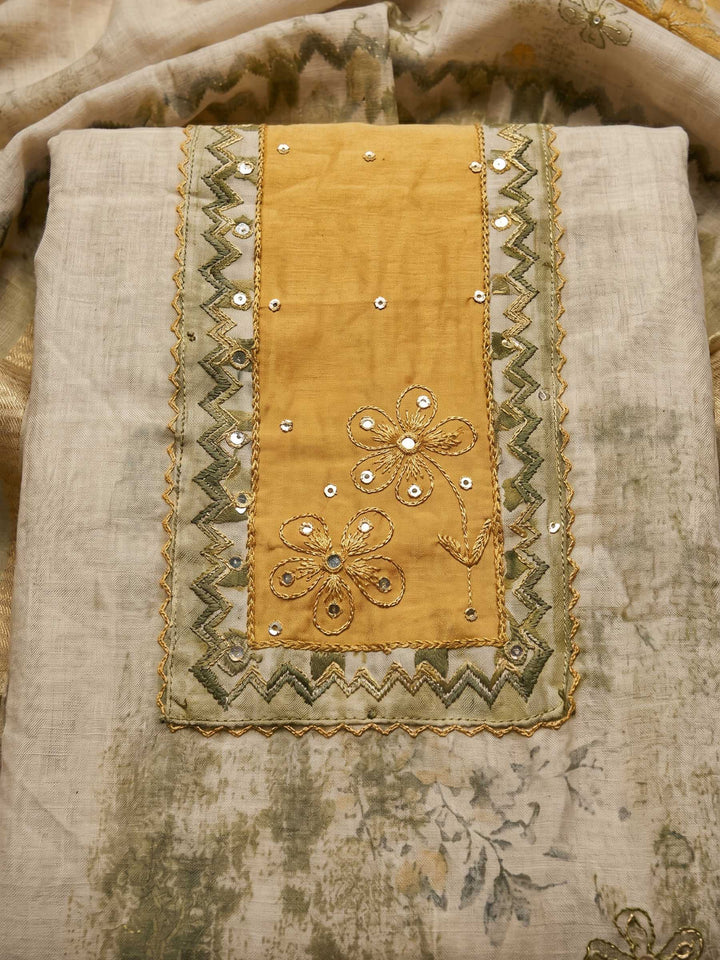 Mustard Embroidered Tissue Unstitched Suit &amp; Pant With Cotton Dupatta