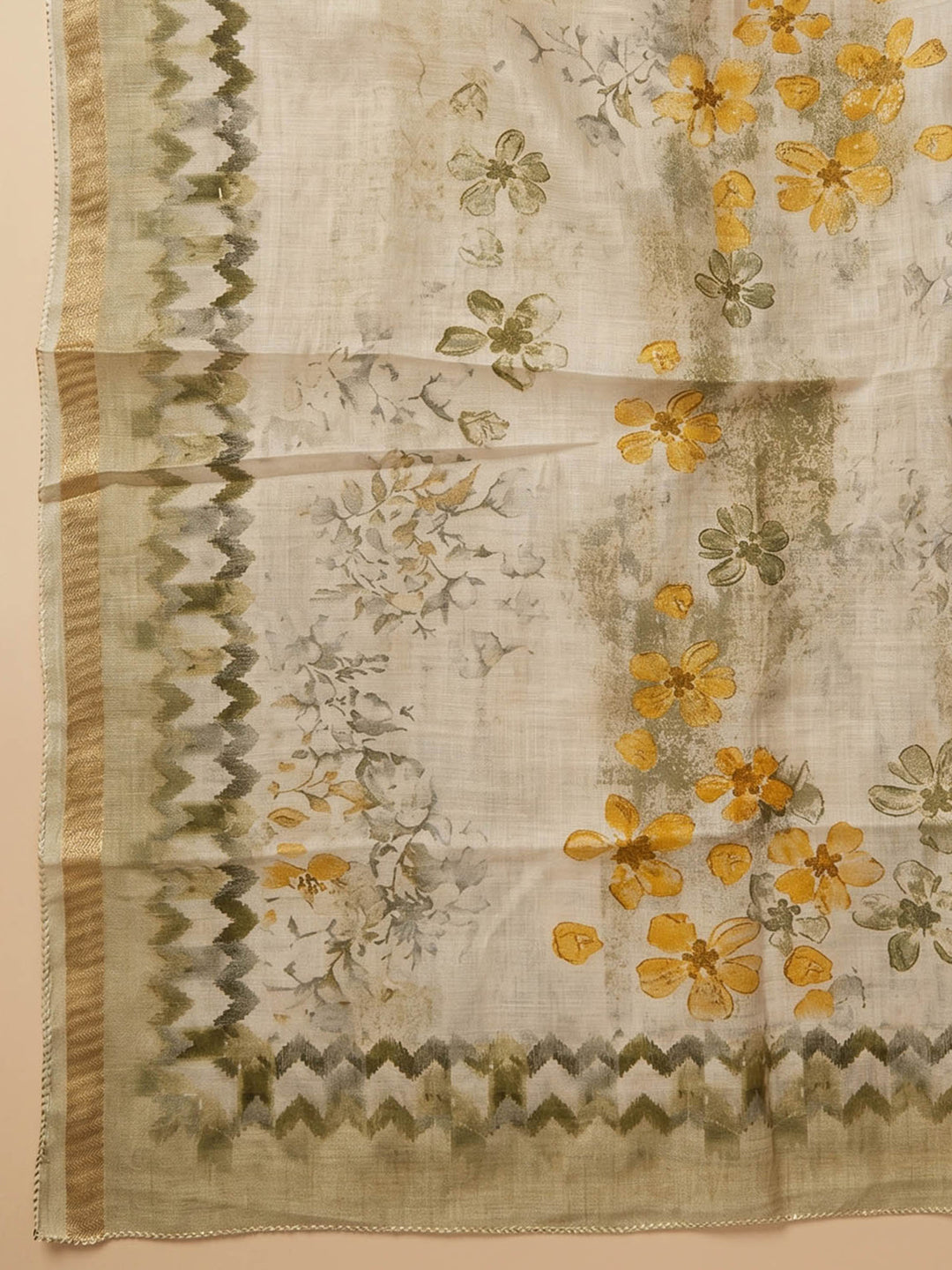 Mustard Embroidered Tissue Unstitched Suit &amp; Pant With Cotton Dupatta