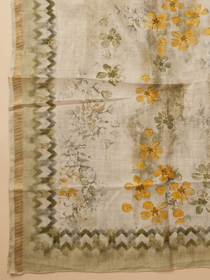 Mustard Embroidered Tissue Unstitched Suit &amp; Pant With Cotton Dupatta