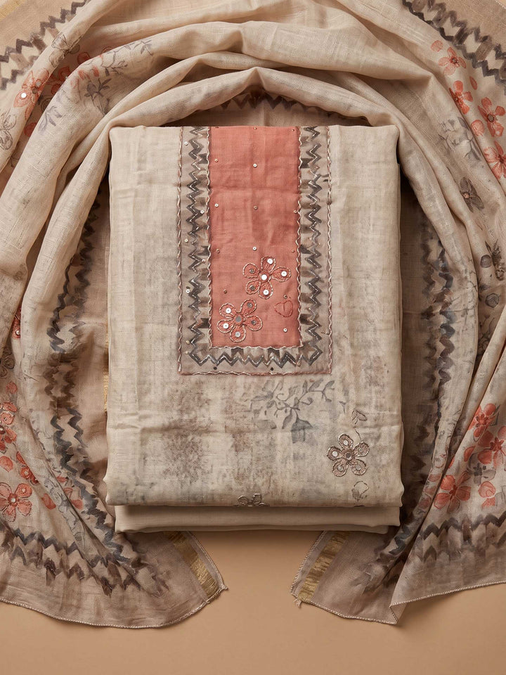 Peach Embroidered Tissue Unstitched Suit &amp; Pant With Cotton Dupatta