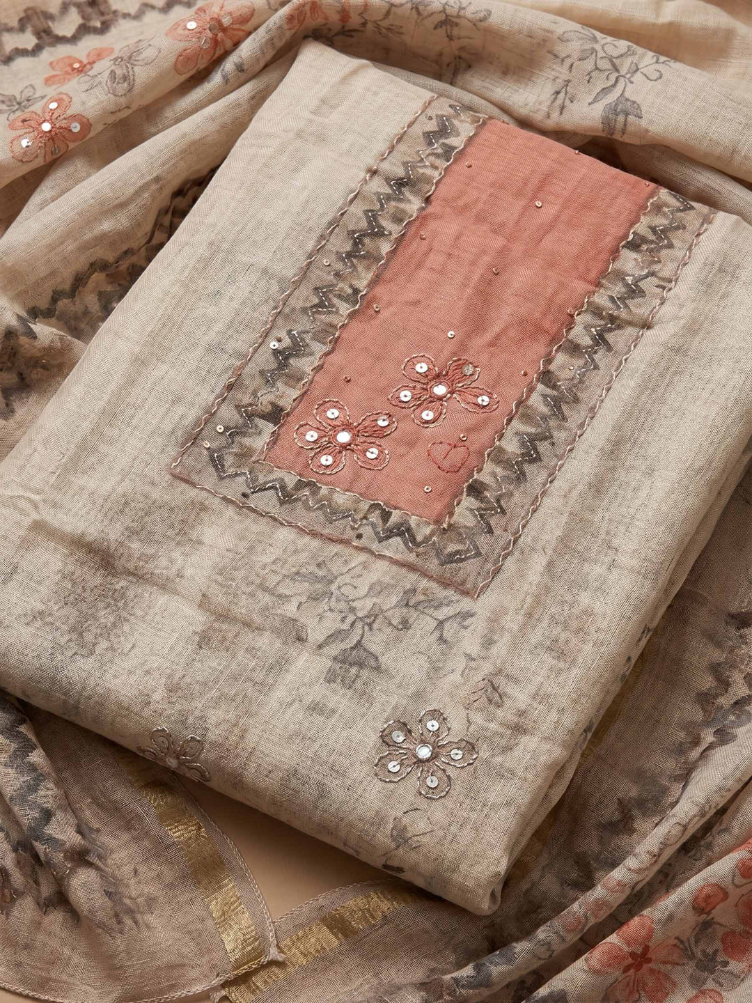 Peach Embroidered Tissue Unstitched Suit &amp; Pant With Cotton Dupatta