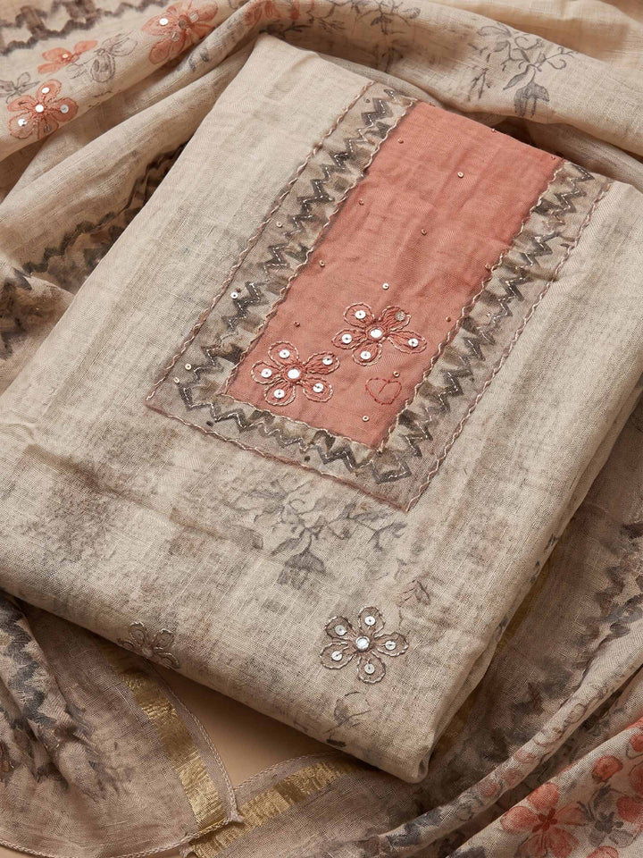 Peach Embroidered Tissue Unstitched Suit &amp; Pant With Cotton Dupatta