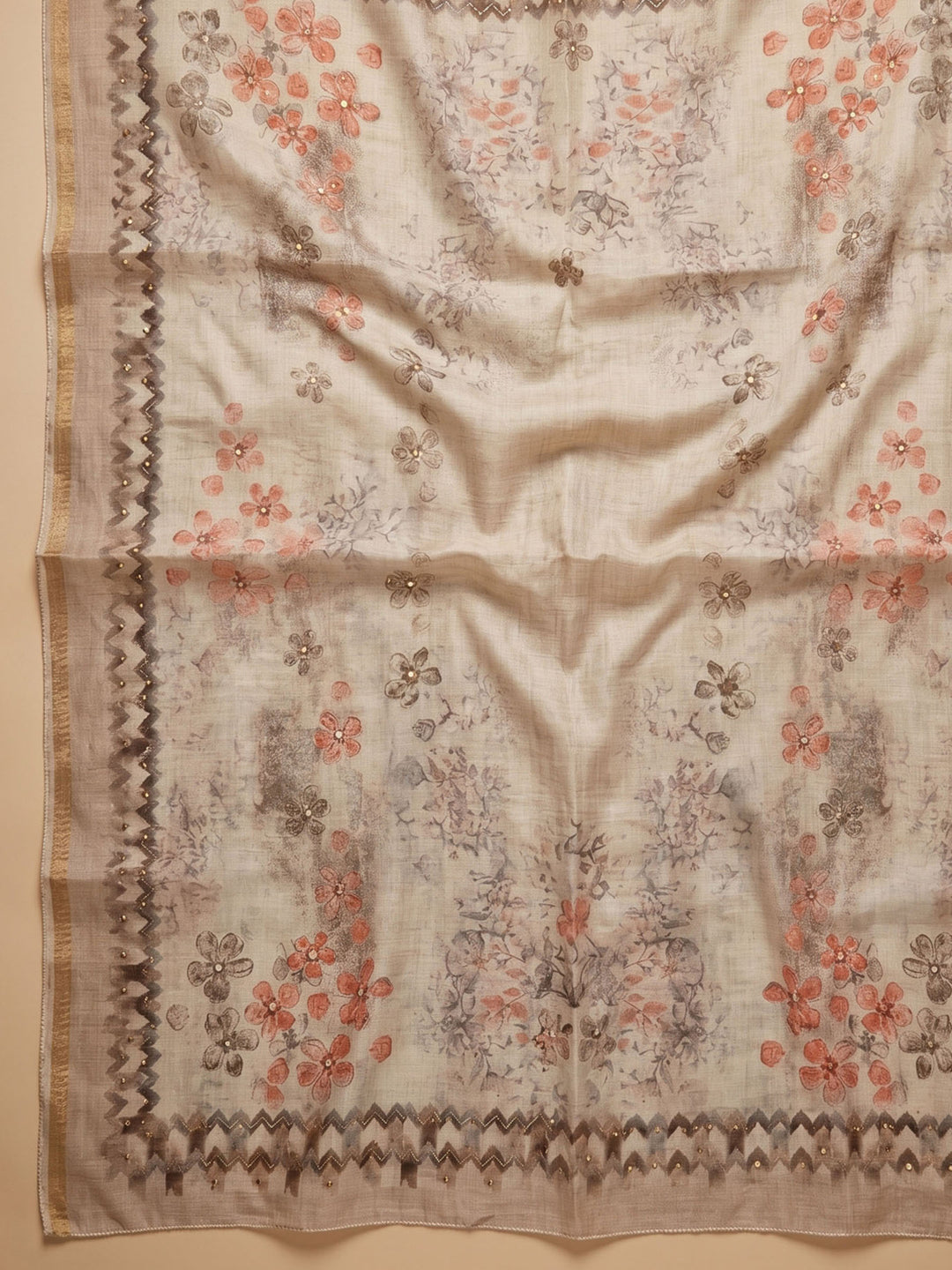 Peach Embroidered Tissue Unstitched Suit &amp; Pant With Cotton Dupatta