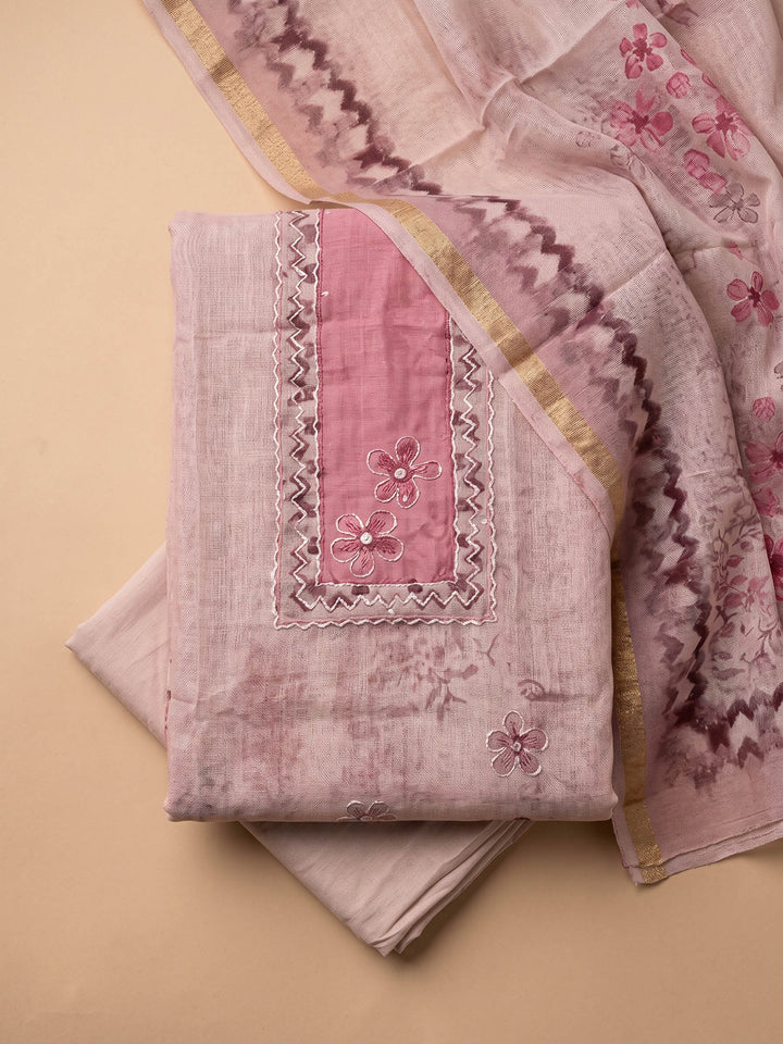 Pink Embroidered Tissue Unstitched Suit &amp; Pant With Cotton Dupatta