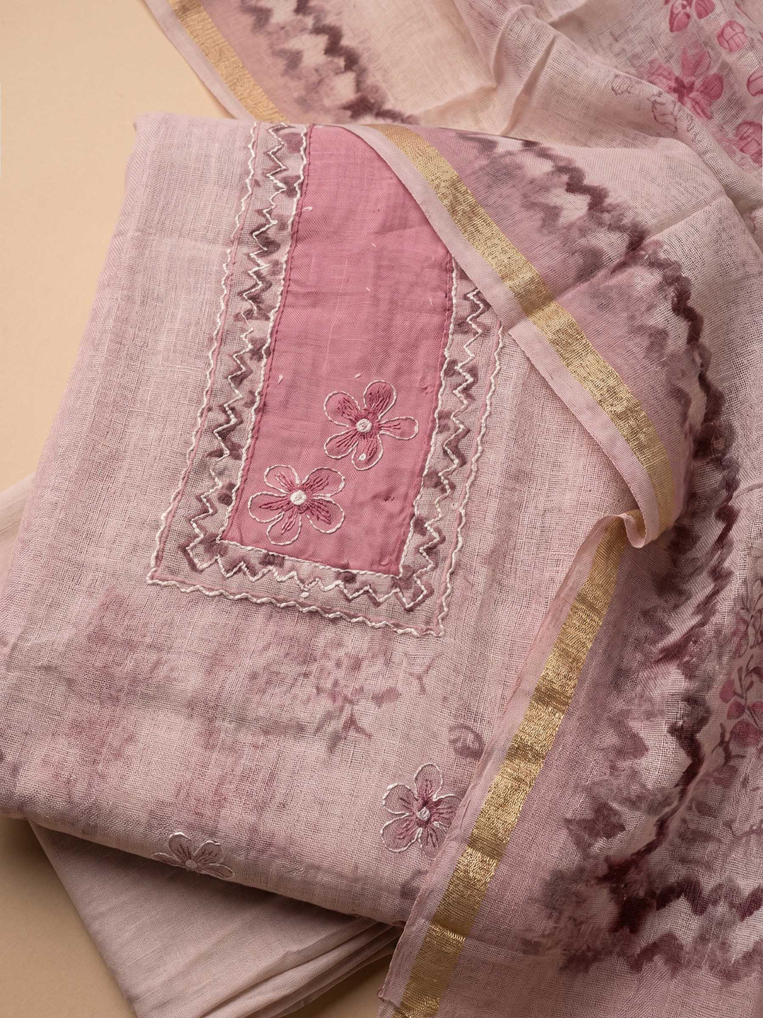 Pink Embroidered Tissue Unstitched Suit &amp; Pant With Cotton Dupatta