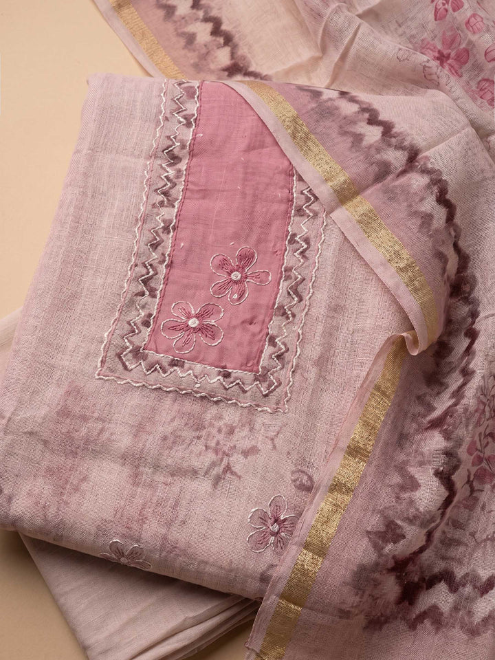 Pink Embroidered Tissue Unstitched Suit &amp; Pant With Cotton Dupatta