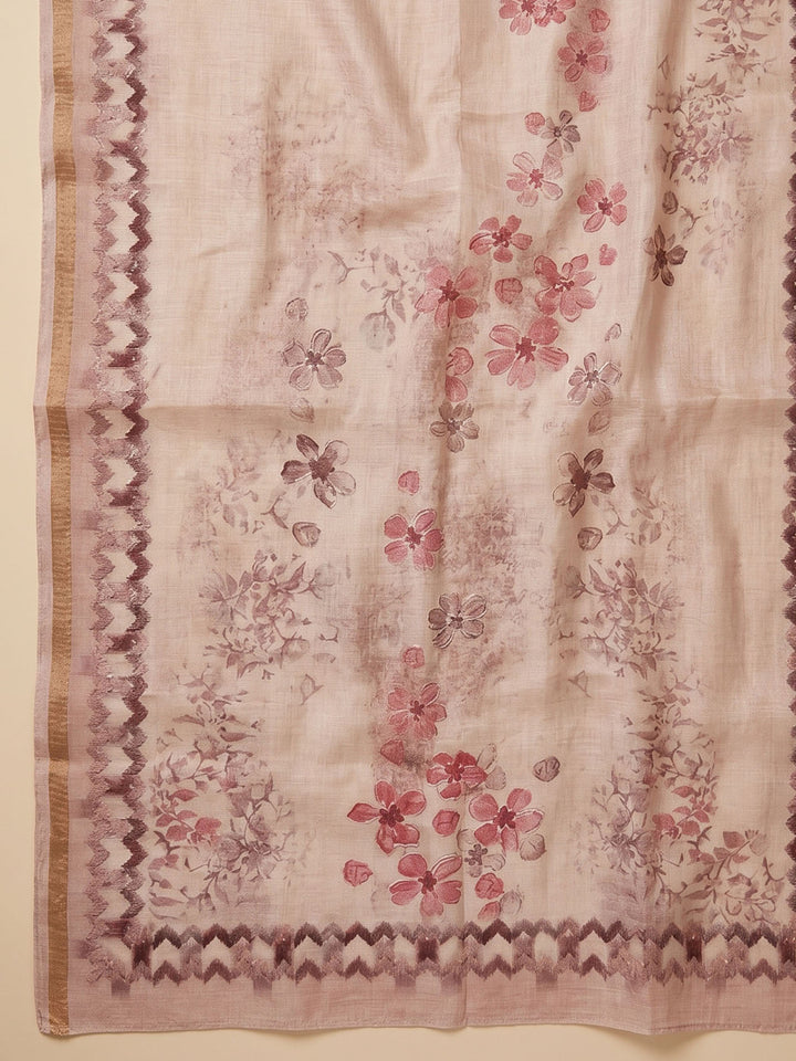 Pink Embroidered Tissue Unstitched Suit &amp; Pant With Cotton Dupatta