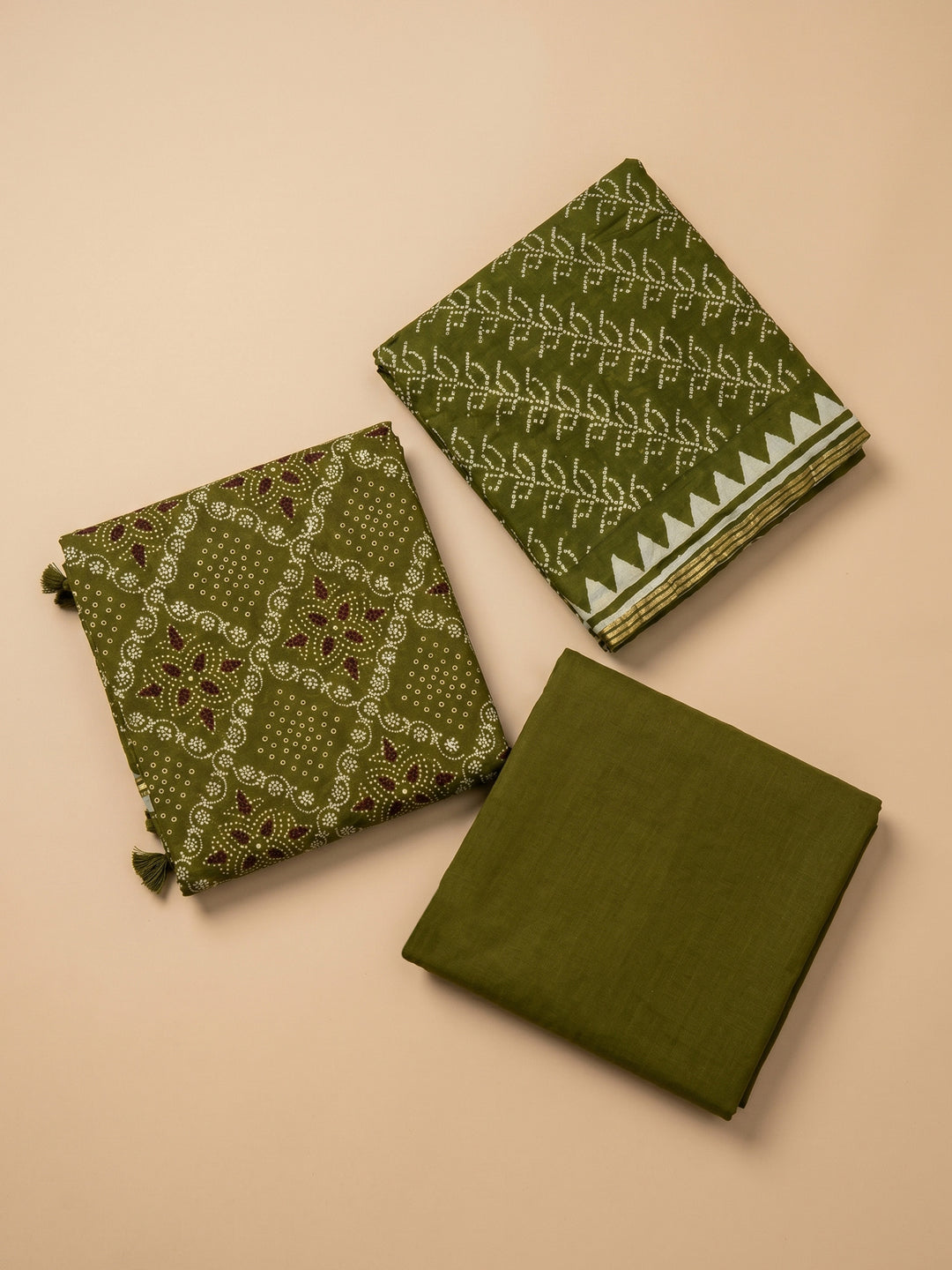Green Printed Cotton Blend Unstitched Suit With Pant &amp; Dupatta