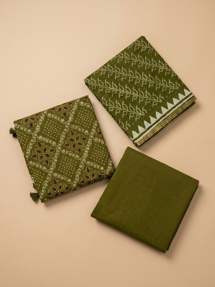 Green Printed Cotton Blend Unstitched Suit With Pant &amp; Dupatta