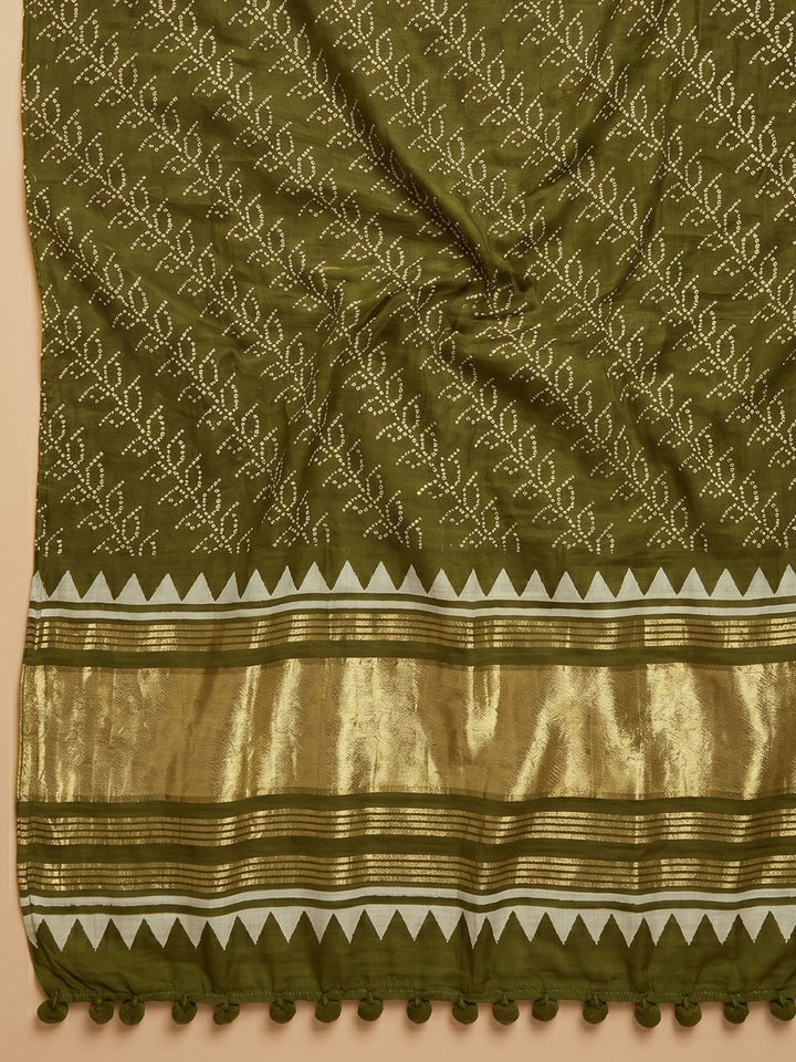 Green Printed Cotton Blend Unstitched Suit With Pant &amp; Dupatta