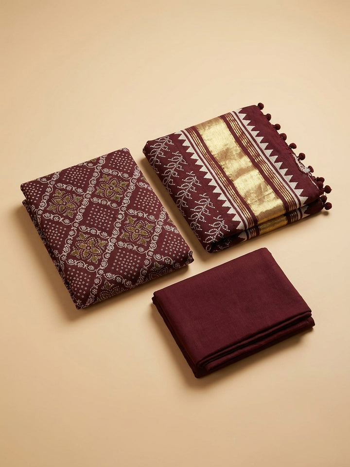 Maroon Printed Cotton Blend Unstitched Suit With Pant &amp; Dupatta