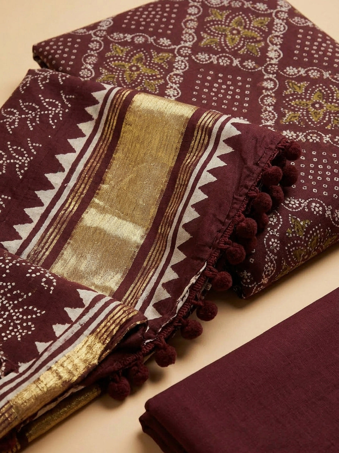Maroon Printed Cotton Blend Unstitched Suit With Pant &amp; Dupatta