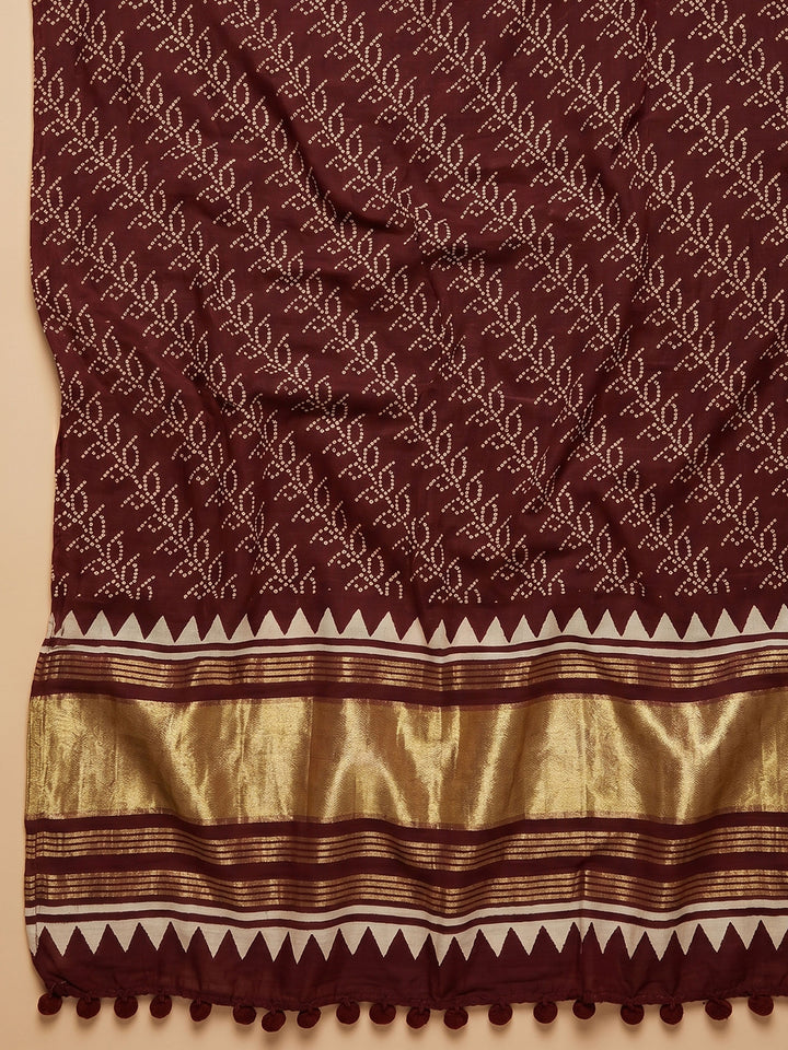 Maroon Printed Cotton Blend Unstitched Suit With Pant &amp; Dupatta