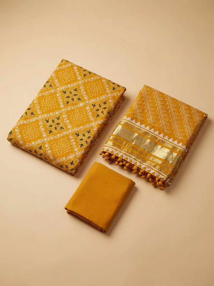 Mustard Printed Cotton Blend Unstitched Suit With Pant &amp; Dupatta