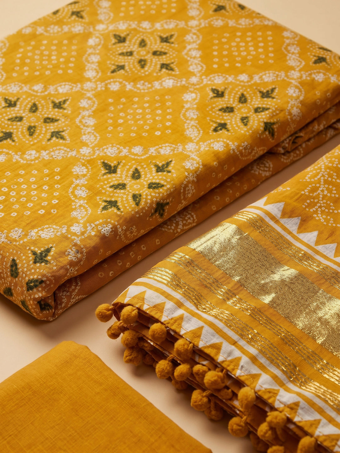 Mustard Printed Cotton Blend Unstitched Suit With Pant &amp; Dupatta