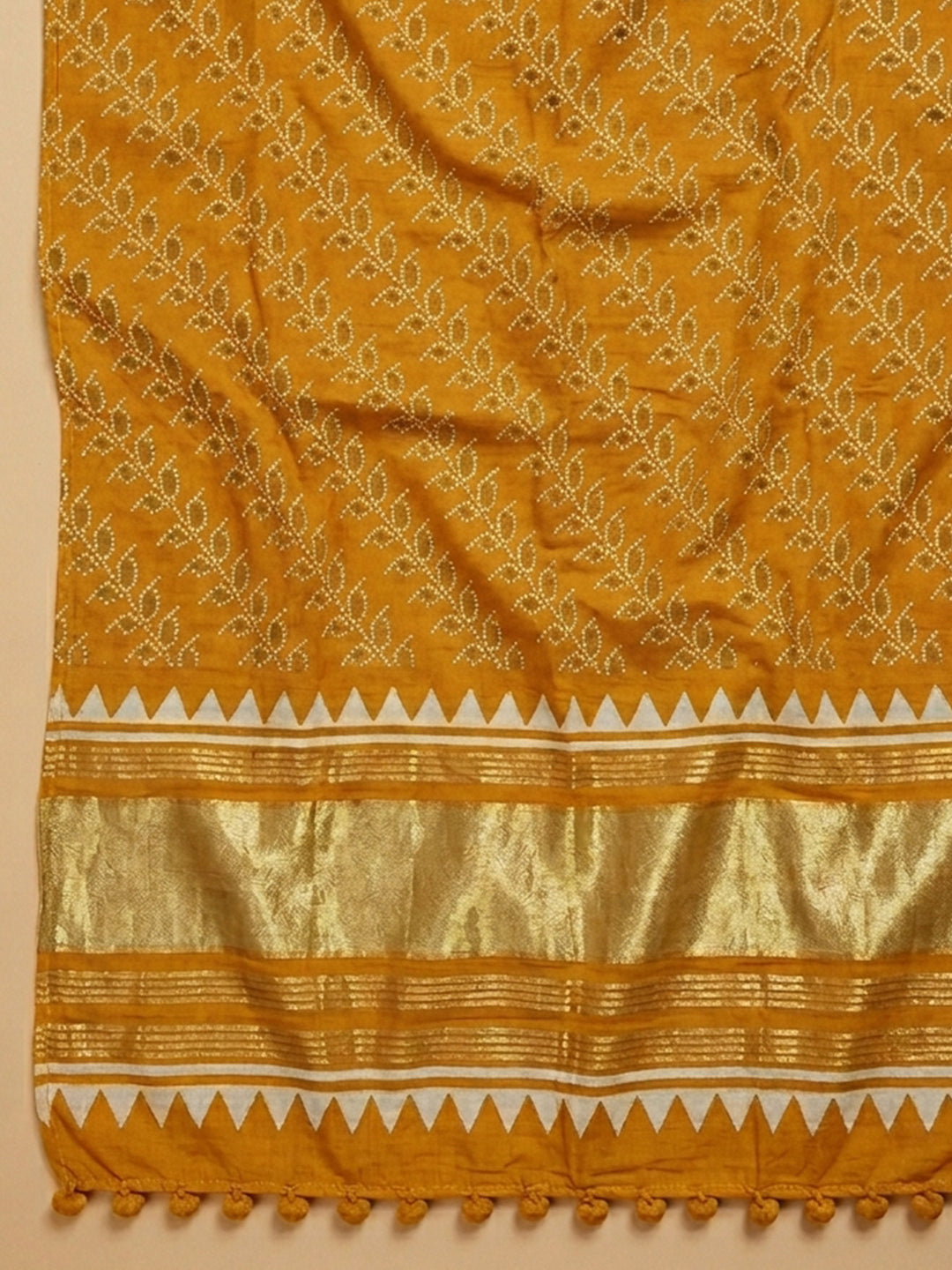 Mustard Printed Cotton Blend Unstitched Suit With Pant &amp; Dupatta