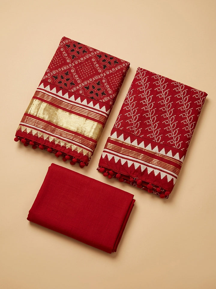 Red Printed Cotton Blend Unstitched Suit With Pant &amp; Dupatta