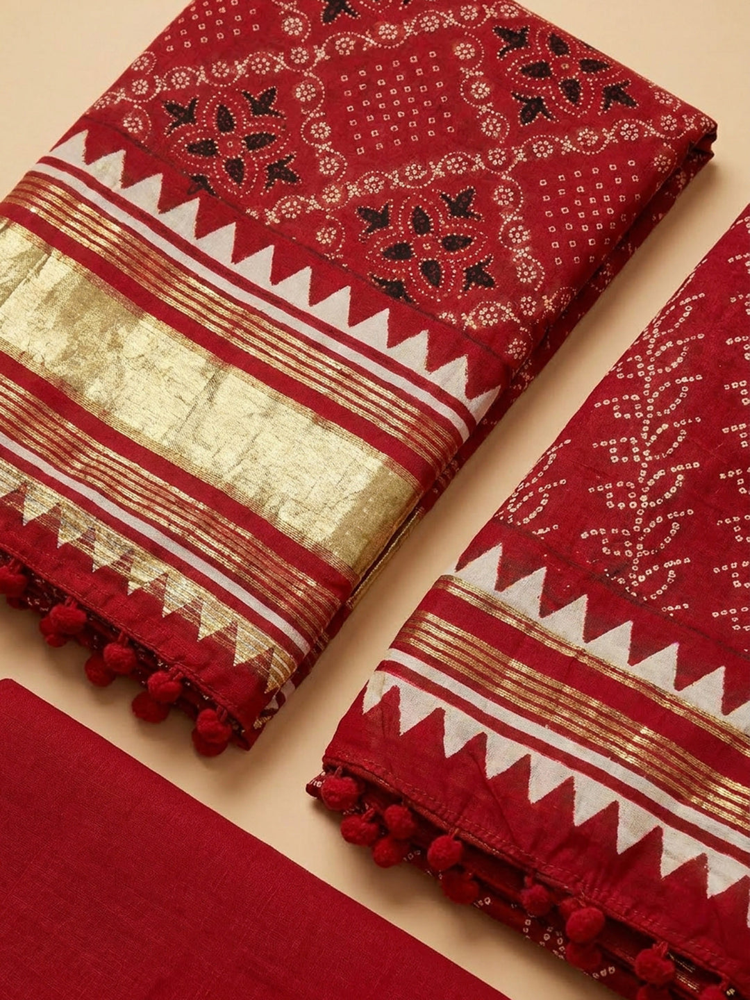 Red Printed Cotton Blend Unstitched Suit With Pant &amp; Dupatta