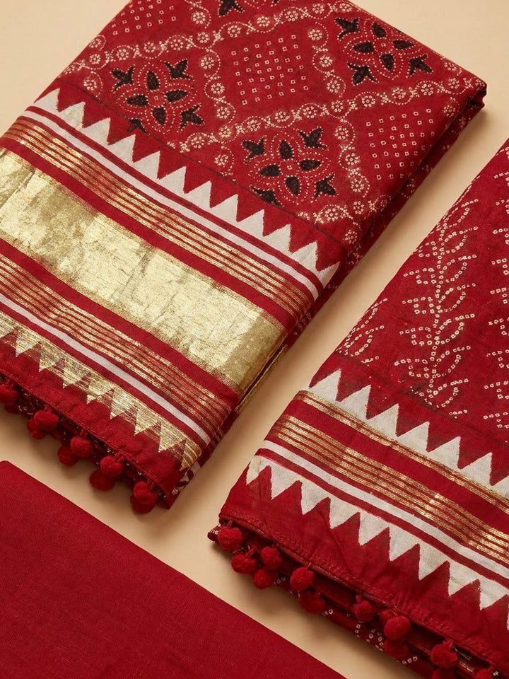 Red Printed Cotton Blend Unstitched Suit With Pant &amp; Dupatta