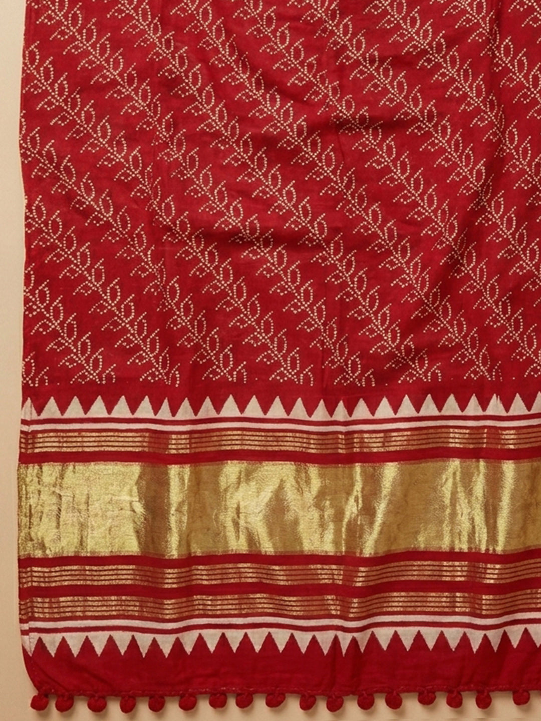 Red Printed Cotton Blend Unstitched Suit With Pant &amp; Dupatta