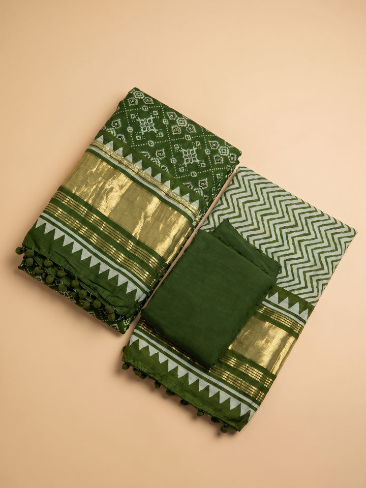 Bottle Green Printed Cotton Blend Unstitched Suit With Pant &amp; Dupatta